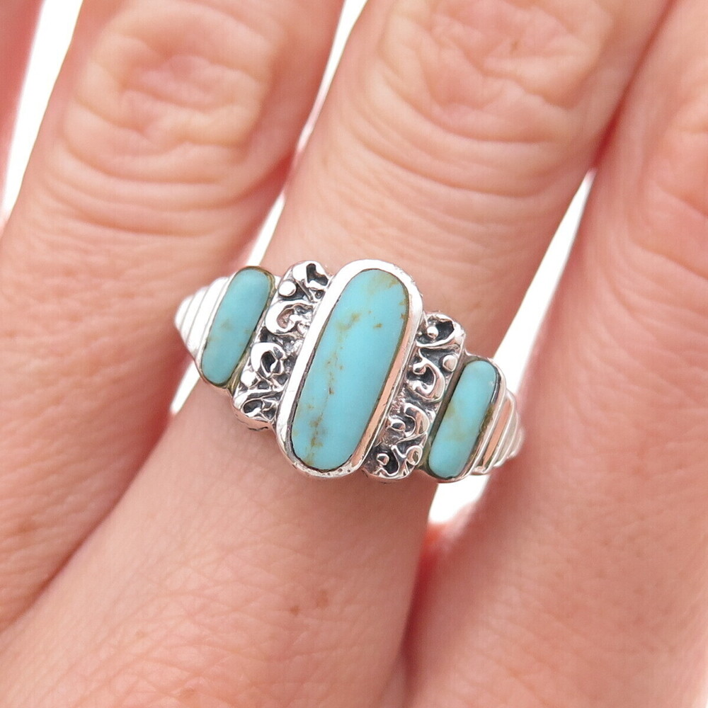 925 Sterling Silver Vintage Real Turquoise Oxidized Ring Size 6.75